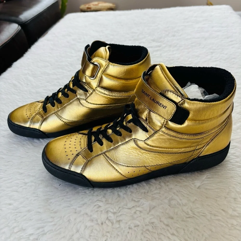 Saint Laurent Metallic Gold High-Tops with Black Details Sneakers Sz 41 US9.5-10